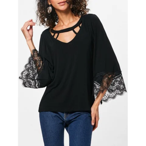 Lace Panel Three Quarter leeve T-shirt - Black Fansmadedirect