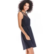 Lace Round Neck Pleated Evening Dress - Deep Blue Fansmadedirect