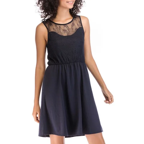 Lace Round Neck Pleated Evening Dress - Deep Blue Fansmadedirect