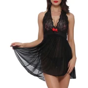 Lace Sexy Lingerie Halter For Women Two Piece Teddy Babydoll Badysuit - Black Fansmadedirect