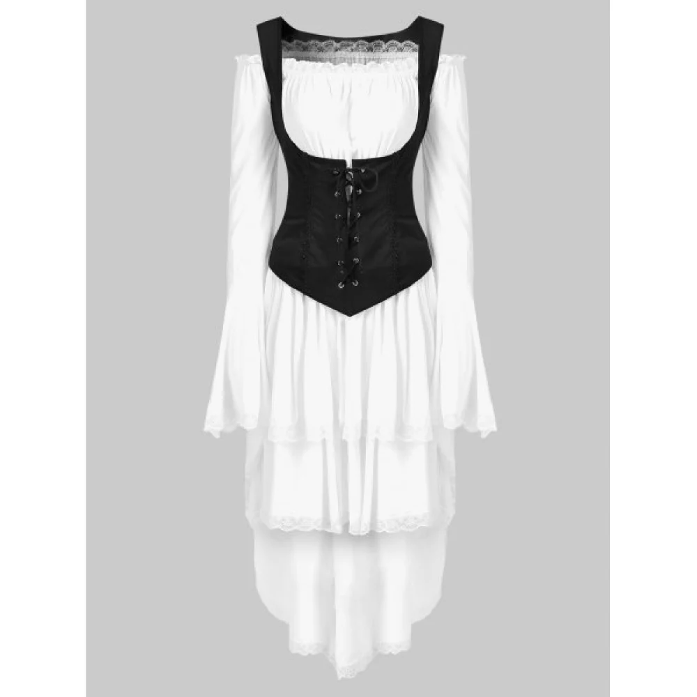 Lace Trim Lacing Waist High Low Dress - White Fansmadedirect