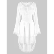 Lace Trim Lacing Waist High Low Dress - White Fansmadedirect