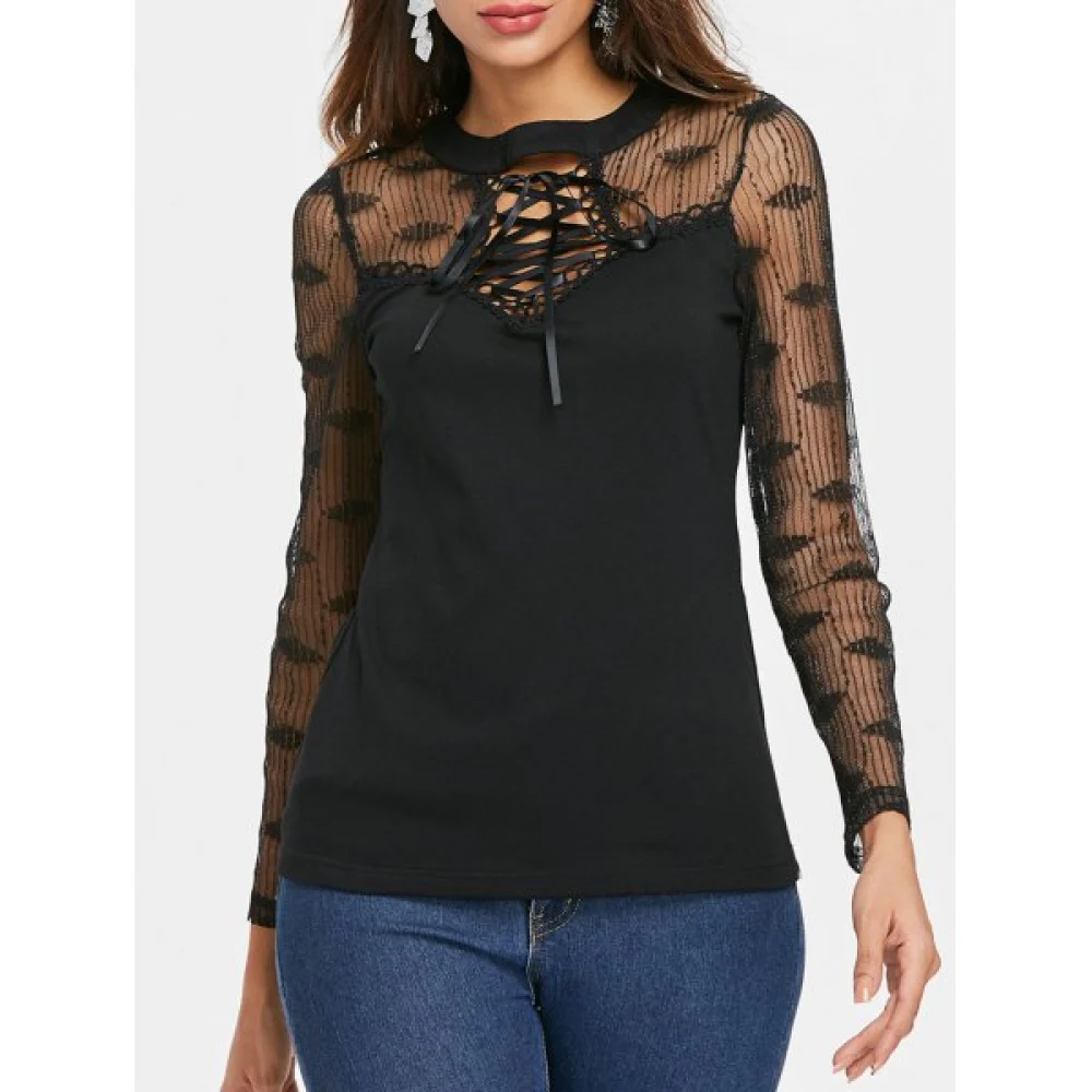Lace Up Collar Long leeve T-shirt - Black Fansmadedirect