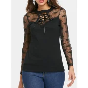 Lace Up Collar Long leeve T-shirt - Black Fansmadedirect