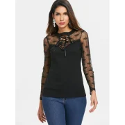 Lace Up Collar Long leeve T-shirt - Black Fansmadedirect