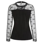 Lace Up Collar Long leeve T-shirt - Black Fansmadedirect