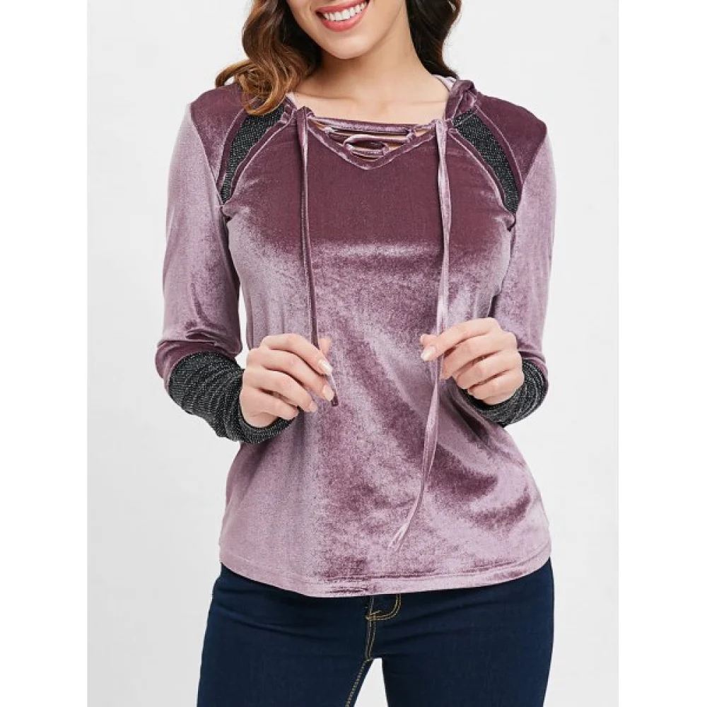 Lace Up Collar Velvet Hooded T-shirt - Viola Purple Fansmadedirect