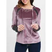 Lace Up Collar Velvet Hooded T-shirt - Viola Purple Fansmadedirect