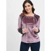 Lace Up Collar Velvet Hooded T-shirt - Viola Purple Fansmadedirect