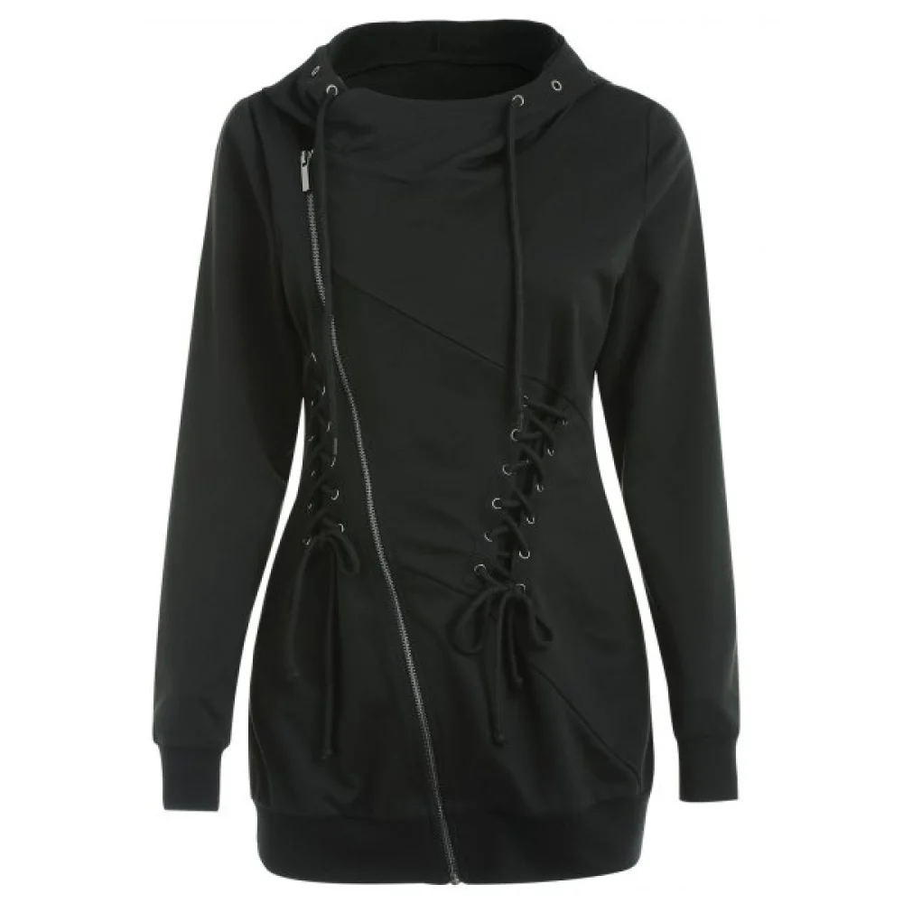 Lace Up Embellished Zip Front Hoodie - Black Fansmadedirect