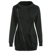 Lace Up Embellished Zip Front Hoodie - Black Fansmadedirect