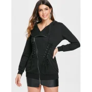 Lace Up Embellished Zip Front Hoodie - Black Fansmadedirect
