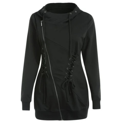 Lace Up Embellished Zip Front Hoodie - Black Fansmadedirect