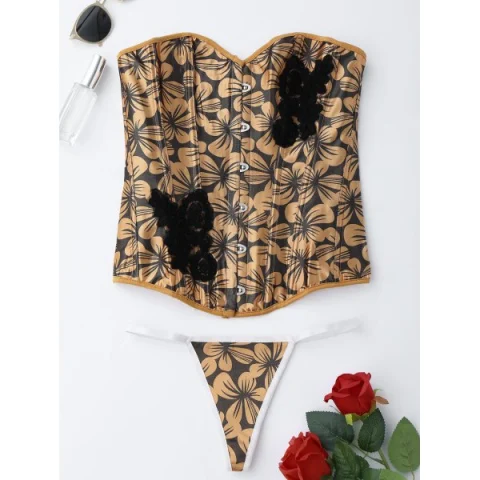 Lace-Up Floral Corset Top - Light Brown Fansmadedirect