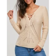 Lace Up Hollow Out weater - Beige Fansmadedirect