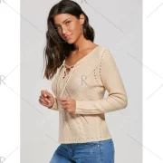 Lace Up Hollow Out weater - Beige Fansmadedirect