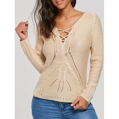 Lace Up Hollow Out weater - Beige Fansmadedirect