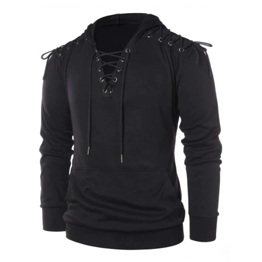 Lace Up Kangaroo Pocket Hoodie - Black Fansmadedirect