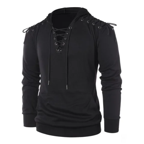 Lace Up Kangaroo Pocket Hoodie - Black Fansmadedirect