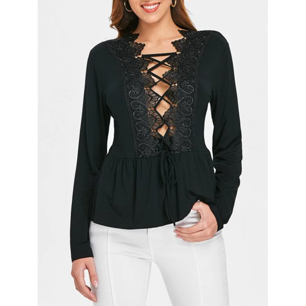 Lace Up Plunge Lace Insert Top - Black Fansmadedirect