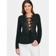 Lace Up Plunge Lace Insert Top - Black Fansmadedirect