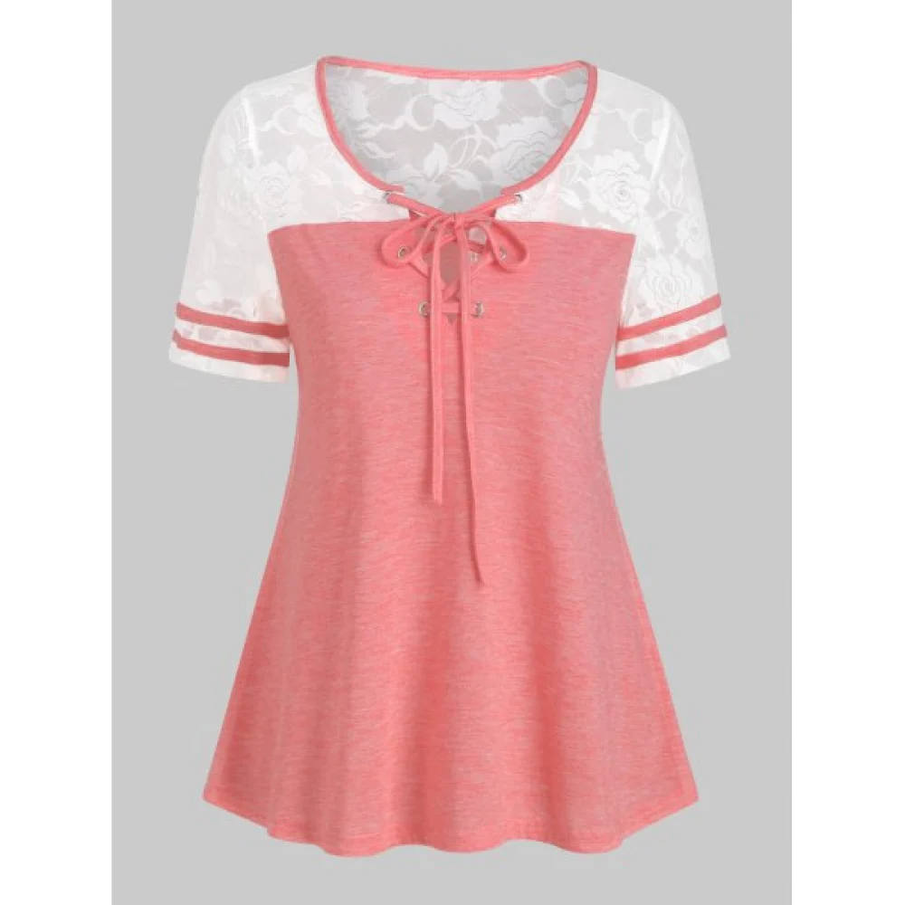 Lace Up Two Tone See Thru T Shirt - Light Coral Fansmadedirect