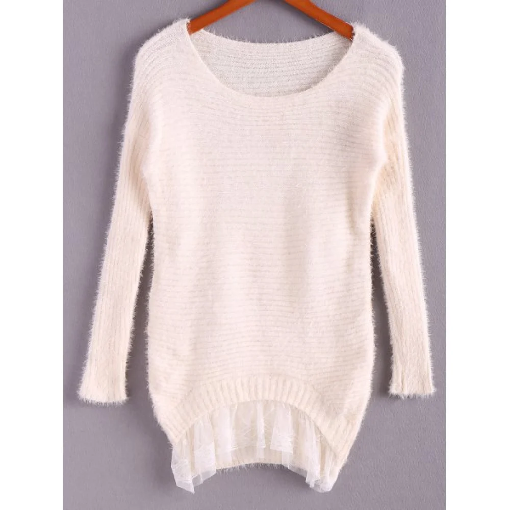 Ladylike Style Sweet Scoop Collar Loose Fit Lace Hem Long Sleeve Women's Knitted Sweater - White One Fansmadedirect
