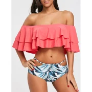 Layer Flounce Leaves Pattern Bikini Set - Orangepink Fansmadedirect