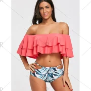 Layer Flounce Leaves Pattern Bikini Set - Orangepink Fansmadedirect