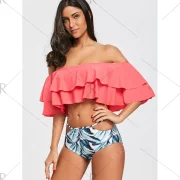 Layer Flounce Leaves Pattern Bikini Set - Orangepink Fansmadedirect