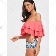 Layer Flounce Leaves Pattern Bikini Set - Orangepink Fansmadedirect