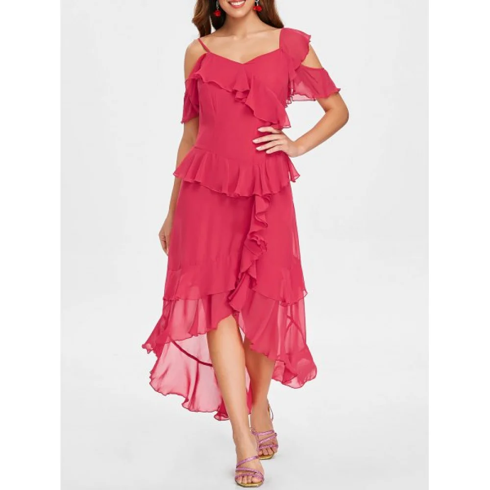 Layered Ruffle Asymmetric Midi Dress - Red Fansmadedirect