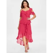 Layered Ruffle Asymmetric Midi Dress - Red Fansmadedirect