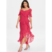 Layered Ruffle Asymmetric Midi Dress - Red Fansmadedirect