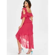Layered Ruffle Asymmetric Midi Dress - Red Fansmadedirect