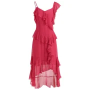 Layered Ruffle Asymmetric Midi Dress - Red Fansmadedirect