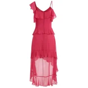 Layered Ruffle Asymmetric Midi Dress - Red Fansmadedirect