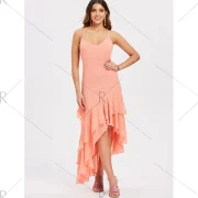 Layered Ruffle Asymmetrical lip Dress - Light Pink Fansmadedirect