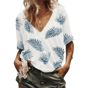 Leaves Print V Neck Casual Tee - White Fansmadedirect