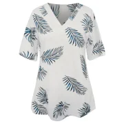 Leaves Print V Neck Casual Tee - White Fansmadedirect