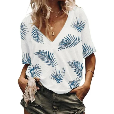 Leaves Print V Neck Casual Tee - White Fansmadedirect