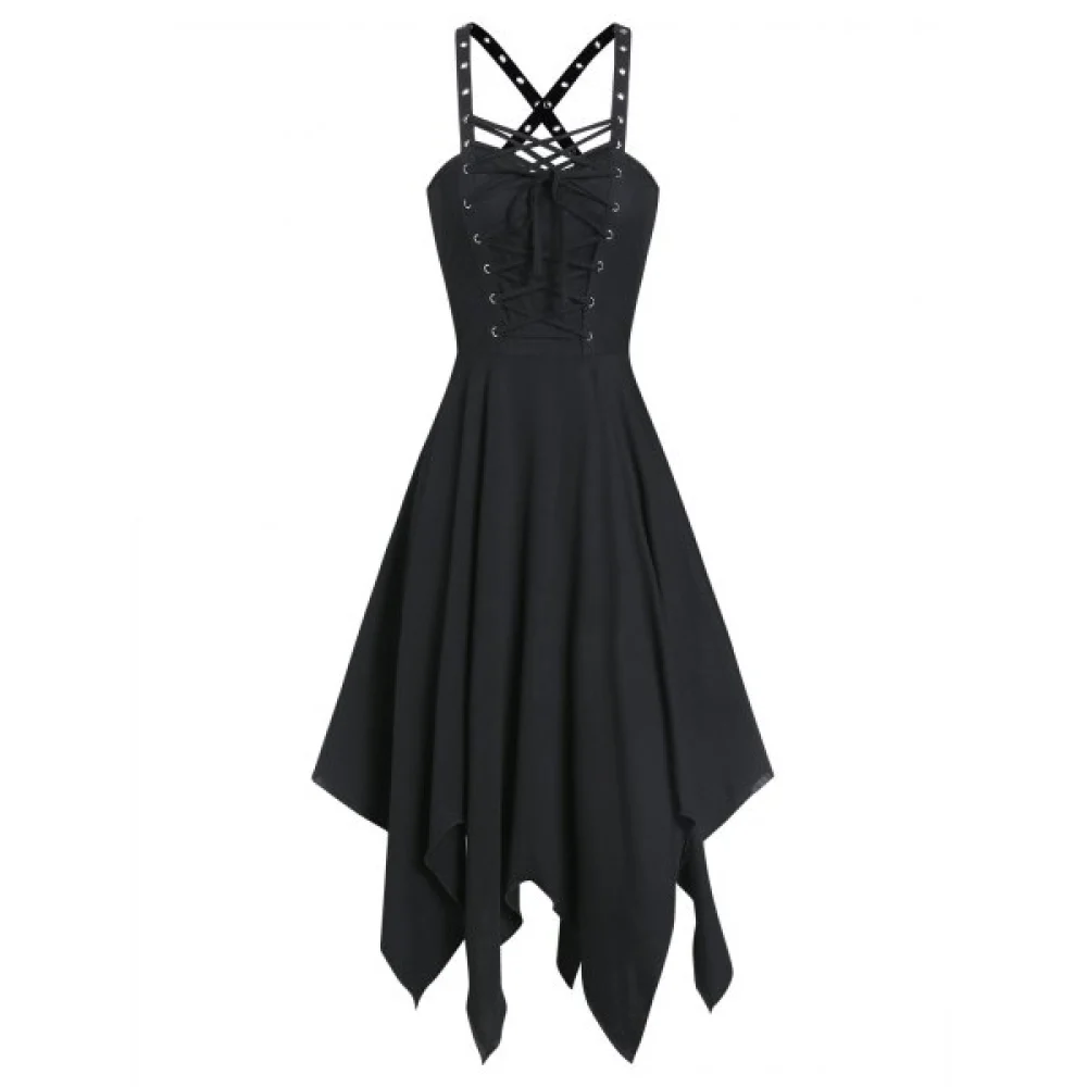 leeveless Lace-up Front Handkerchief Gothic Dress - Black Fansmadedirect