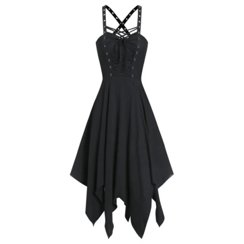 leeveless Lace-up Front Handkerchief Gothic Dress - Black Fansmadedirect