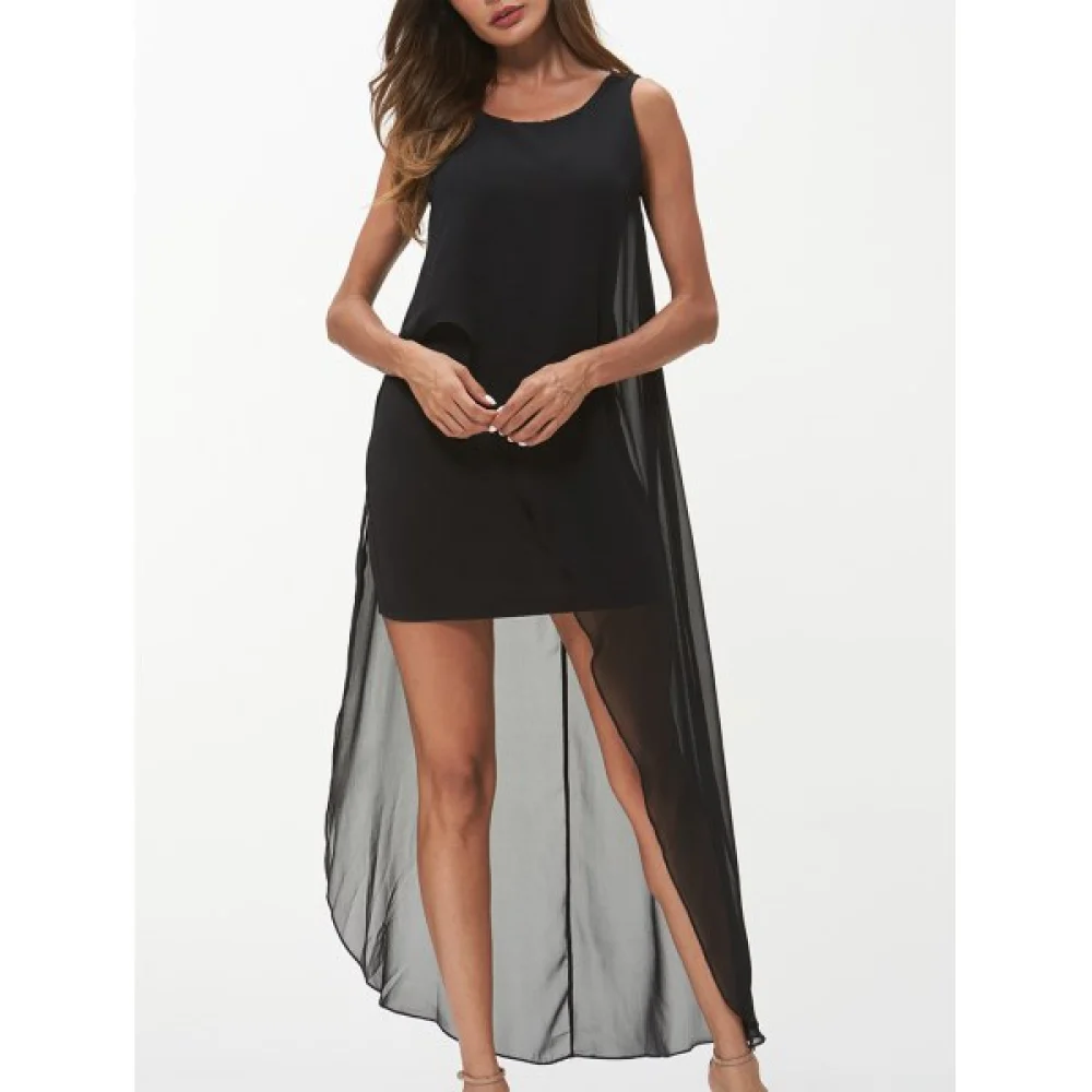 leeveless Round Neck Chiffon Dress - Black Fansmadedirect