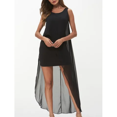 leeveless Round Neck Chiffon Dress - Black Fansmadedirect