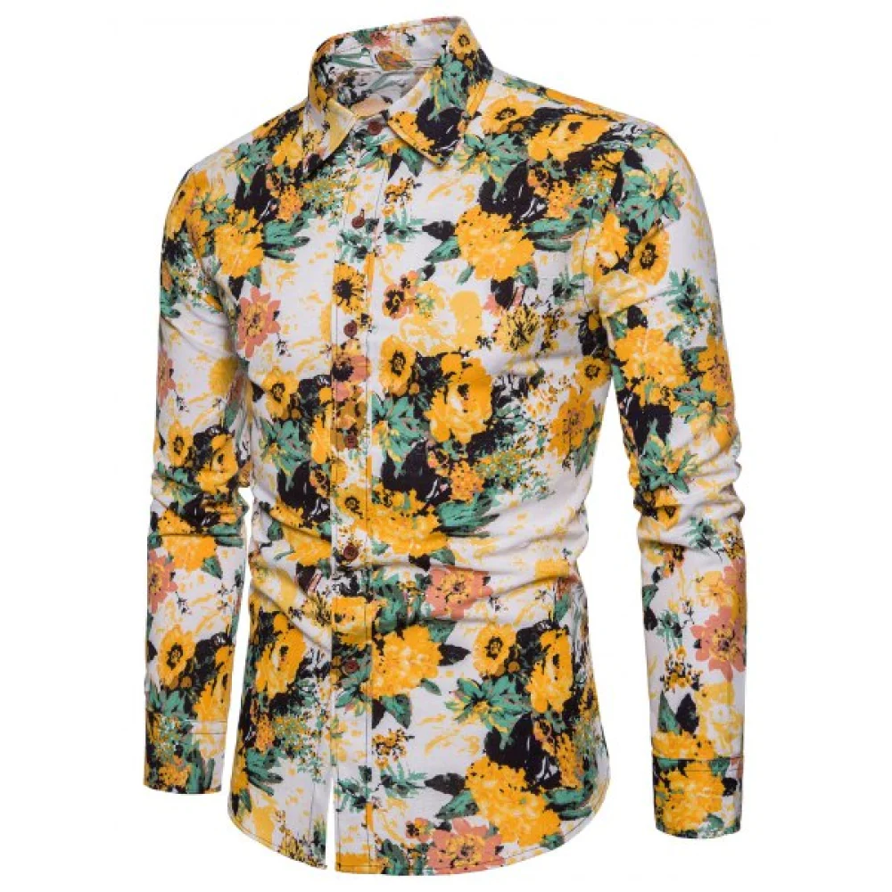 Leisure Floral Print Long Sleeves Shirt - Yellow Fansmadedirect