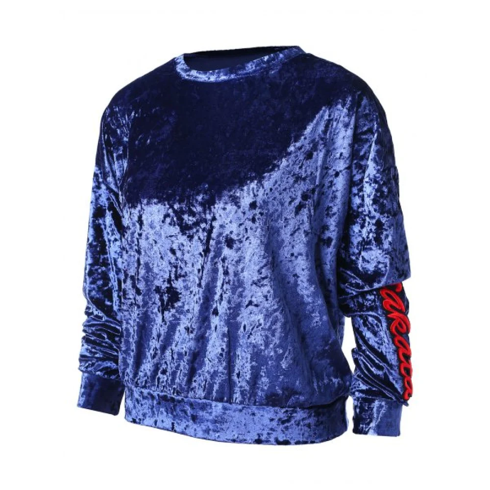 Letter Embroidery Drop Shoulder Velvet Sweatshirt - Blue Fansmadedirect