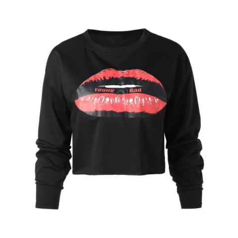 Lip Print Cropped Sweatshirt - Black Fansmadedirect