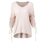 Long leeve Asymmetrical T-shirt with Drawstring - Crystal Cream Fansmadedirect