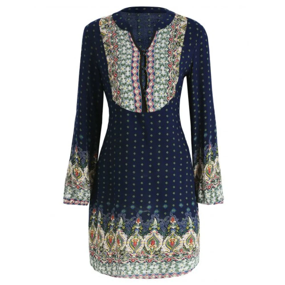 Long leeve Casual Print Dress - Midnight Blue Fansmadedirect